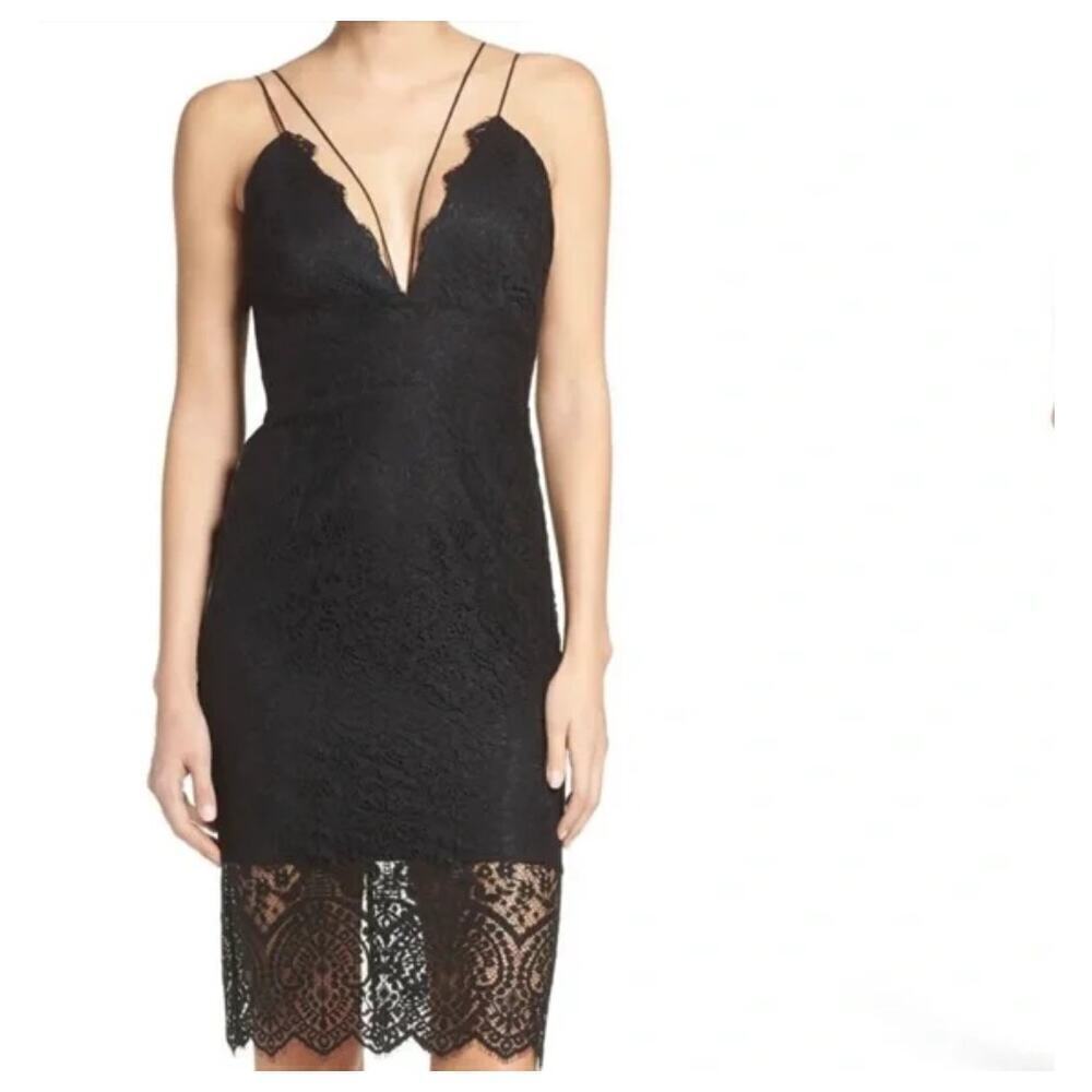 Bardot Black Lace V-Neck Bodycon Lace Dress Strappy Cocktail Party Size 4/XS